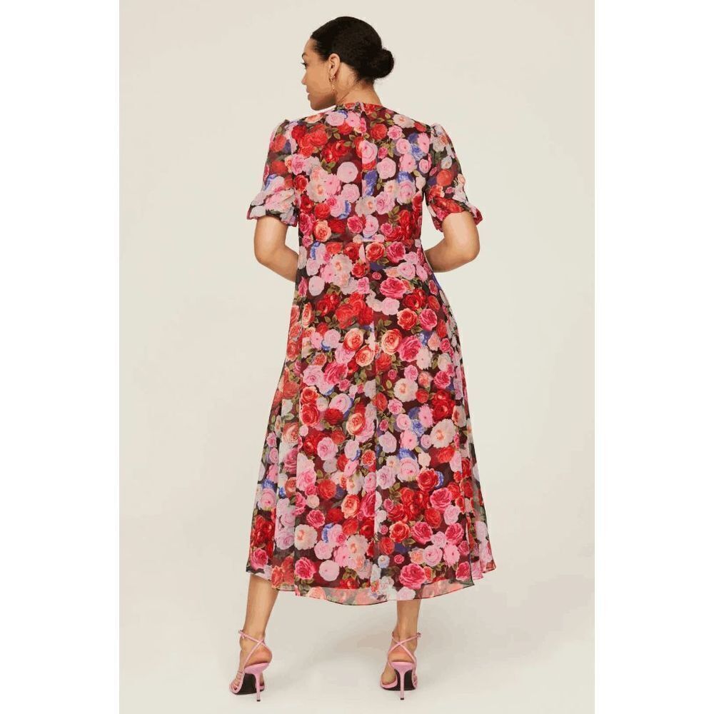 Ieena For Mac Duggal Floral Print Puff Sleeve Side Slit Maxi Dress Red Size 6 - Picture 3 of 12